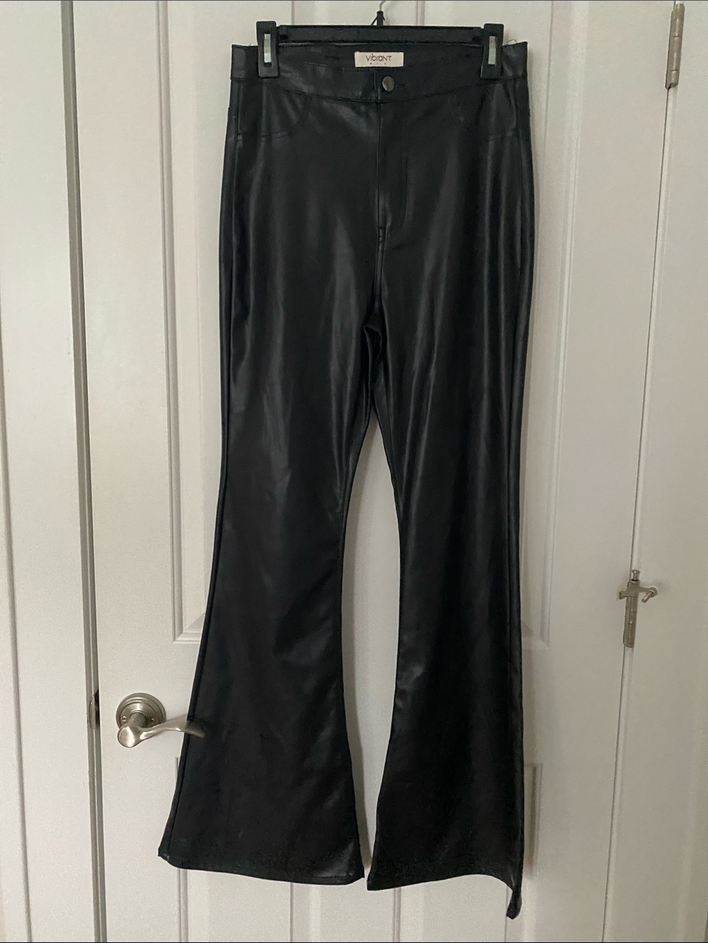 Vibrant Black Faux Leather high waist Flared Jeans